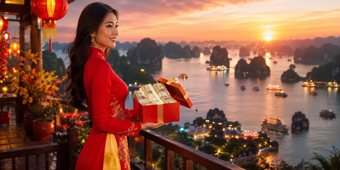 Người chơi mặc áo dài trải nghiệm casino app tại vịnh Hạ Long